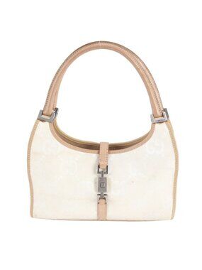 Gucci GG Canvas Jackie 002 Leather Handbag Tote Beige Silver
